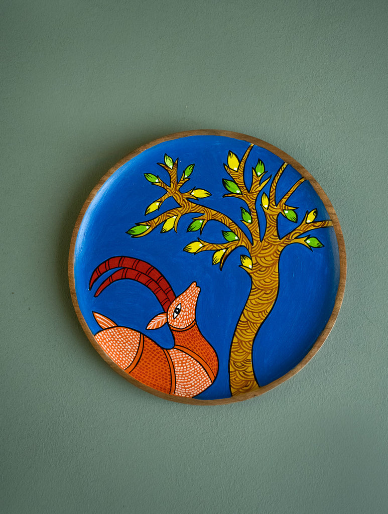 Exclusive Gond Art Wooden Wall Plate / Table Curio - Royal Deer 