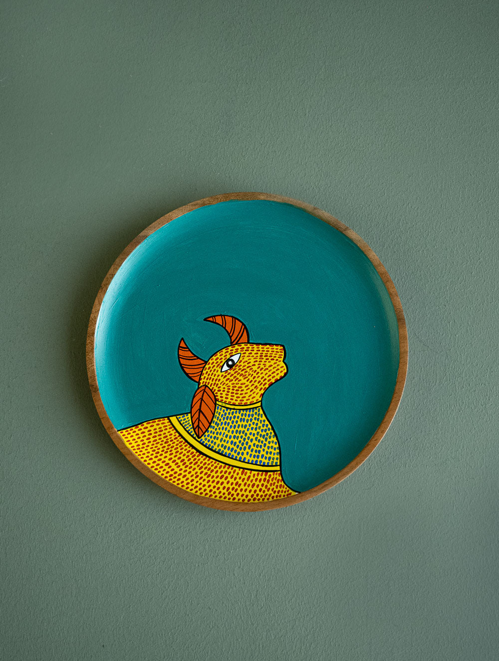Load image into Gallery viewer, Exclusive Gond Art Wooden Wall Plate / Table Curio - Teal Cow