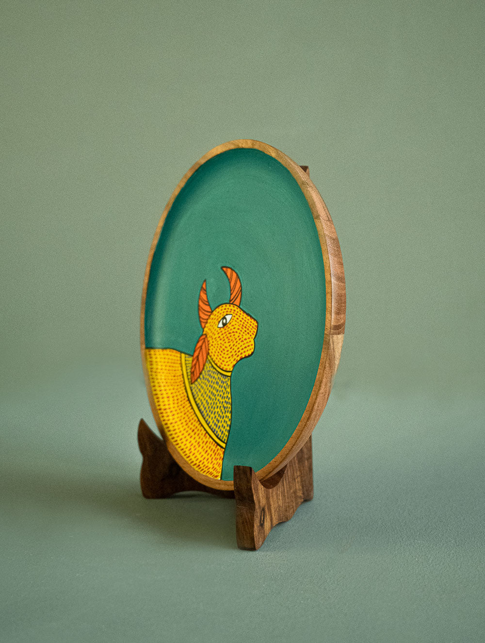 Load image into Gallery viewer, Exclusive Gond Art Wooden Wall Plate / Table Curio - Teal Cow