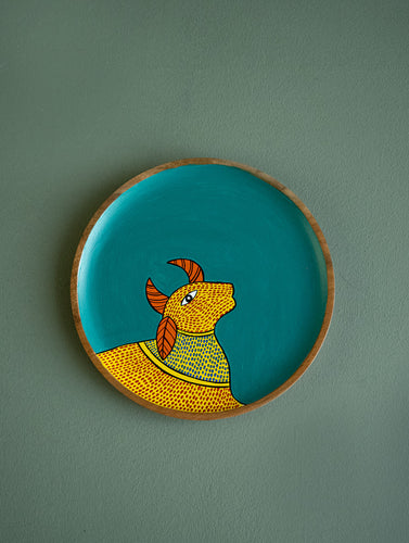 Exclusive Gond Art Wooden Wall Plate / Table Curio - Teal Cow