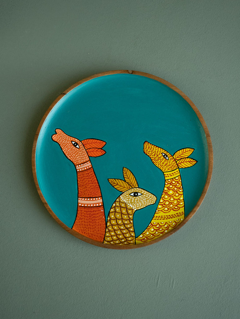 Exclusive Gond Art Wooden Wall Plate / Table Curio - Teal Deer 