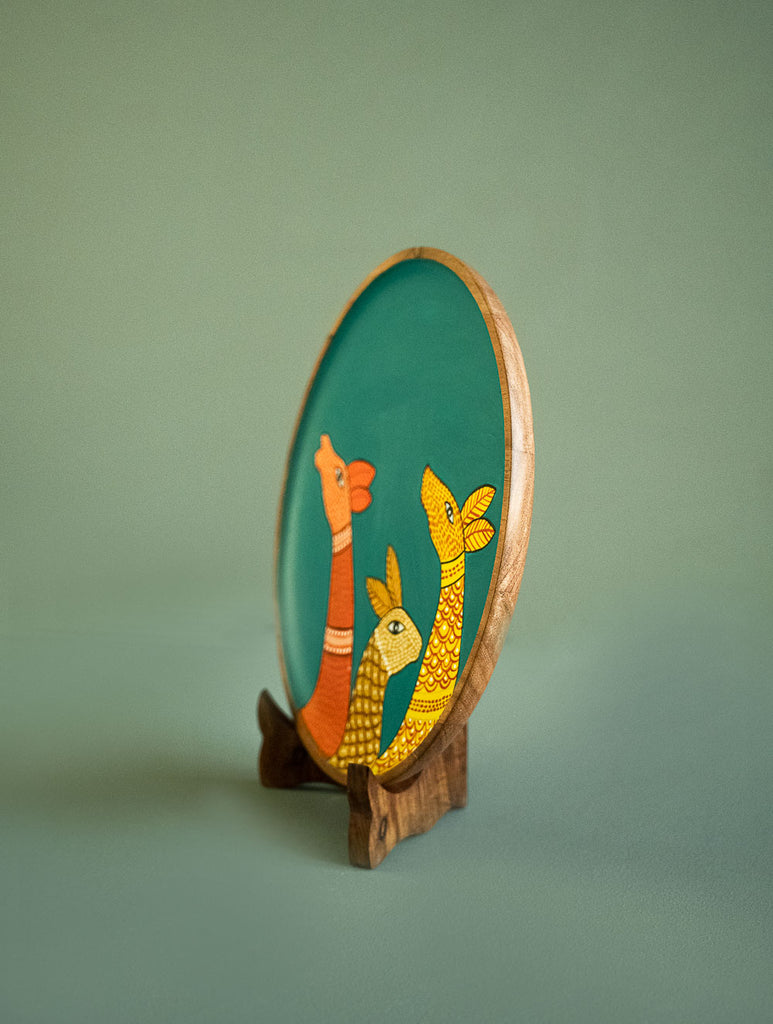 Exclusive Gond Art Wooden Wall Plate / Table Curio - Teal Deer 