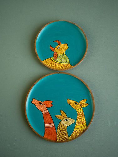 Exclusive Gond Art Wooden Wall Plate / Table Curio - The Cow & Deer Duo (Set of 2)