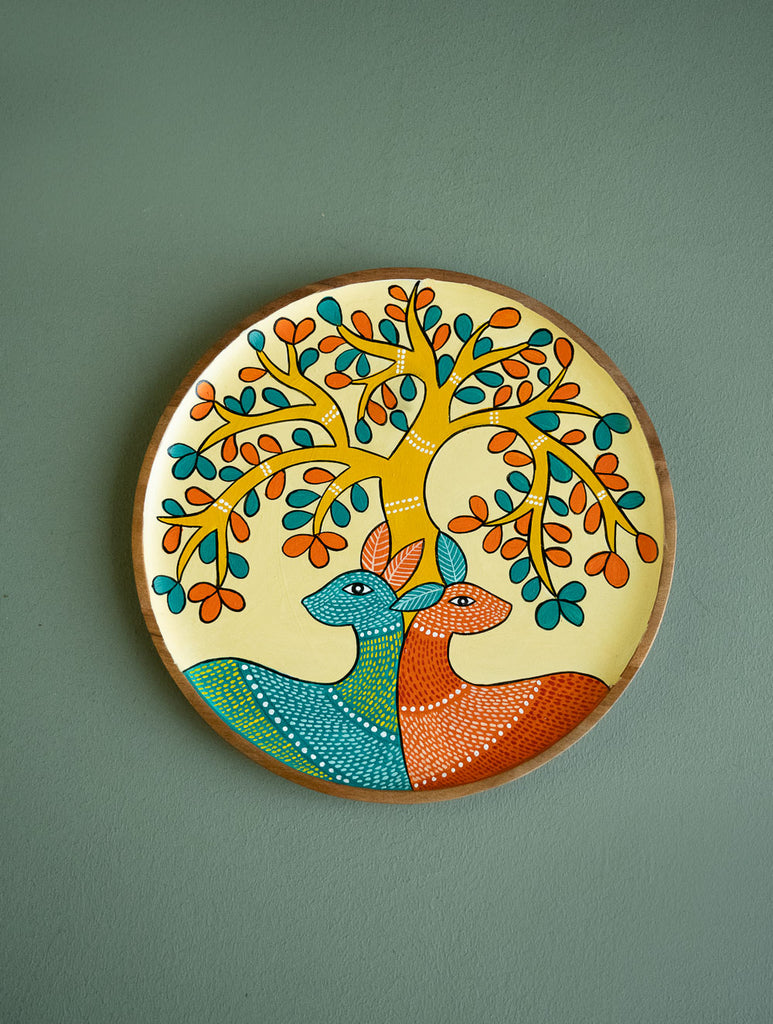 Exclusive Gond Art Wooden Wall Plate / Table Curio - The Cream Deer 