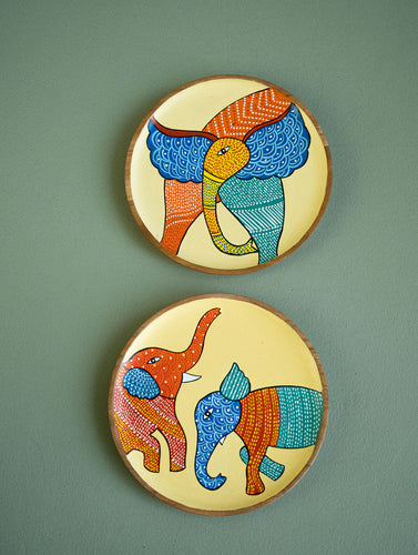 Exclusive Gond Art Wooden Wall Plate / Table Curio - The Elephants Duo (Set of 2)