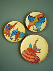 Exclusive Gond Art Wooden Wall Plate / Table Curio - The Elephants Trio (Set of 3)