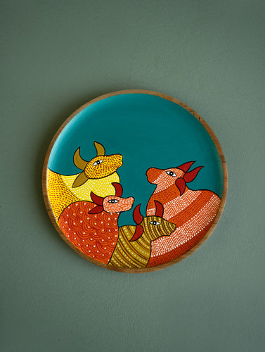 Exclusive Gond Art Wooden Wall Plate / Table Curio - The Teal Cows