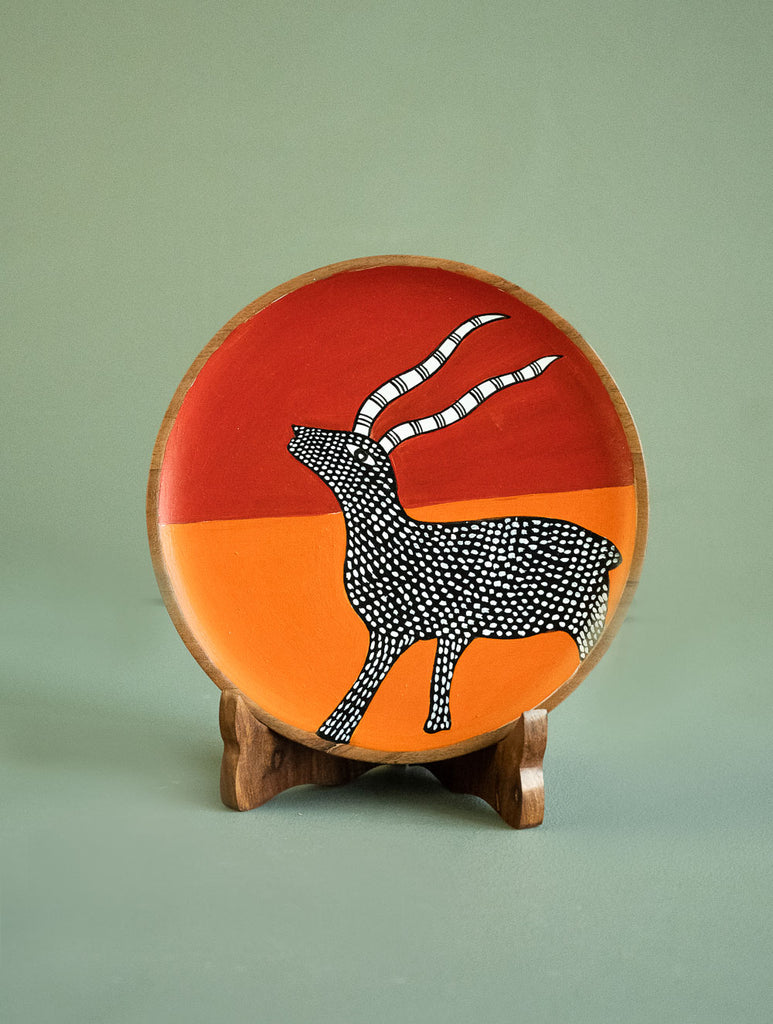 Exclusive Gond Art Wooden Wall Plate / Table Curio - Vibrant Deer 