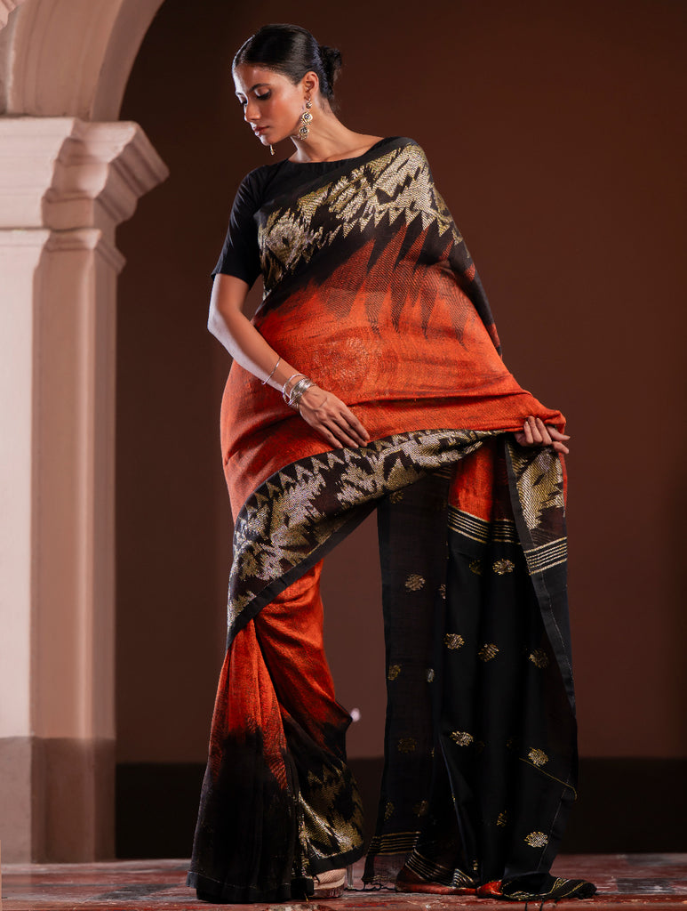 Exclusive Handwoven Bengal Linen Jamdani Saree - Gulab Veena
