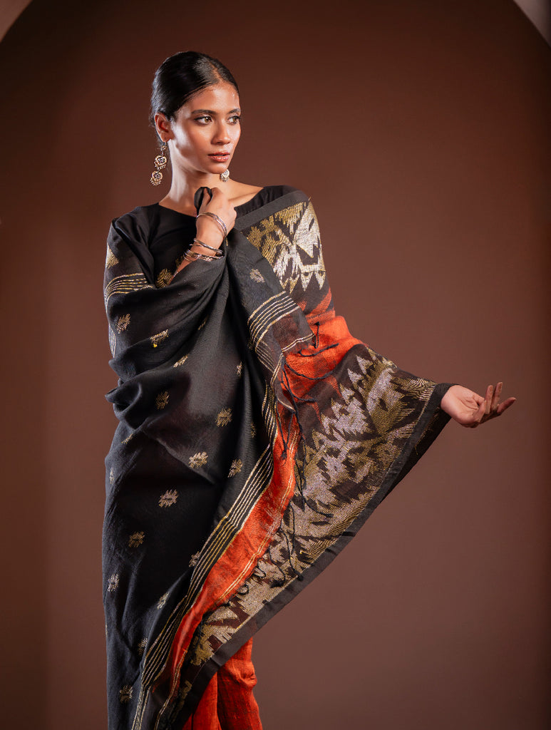Exclusive Handwoven Bengal Linen Jamdani Saree - Gulab Veena