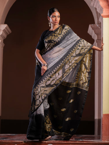 Exclusive Handwoven Bengal Linen Jamdani Saree - Meghrekha