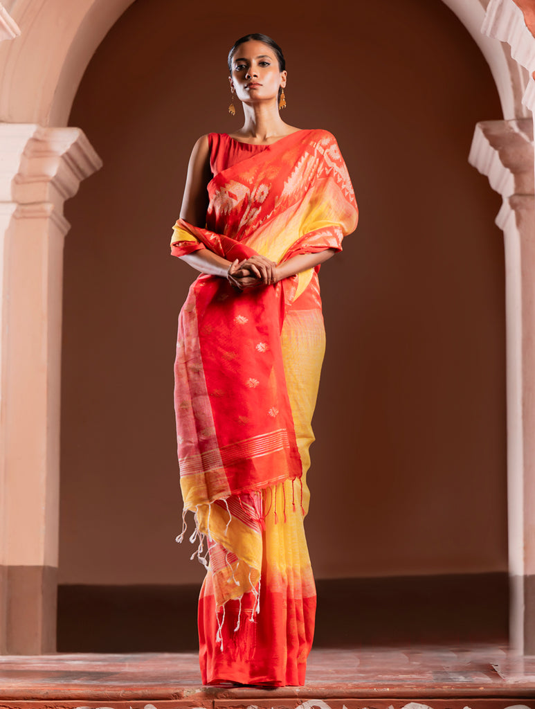 Exclusive Handwoven Bengal Linen Jamdani Saree - Sondhya Tara