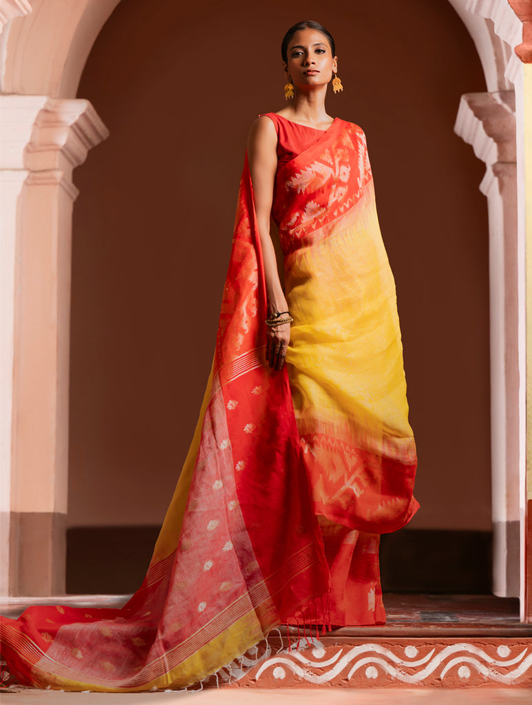 Exclusive Handwoven Bengal Linen Jamdani Saree - Sondhya Tara