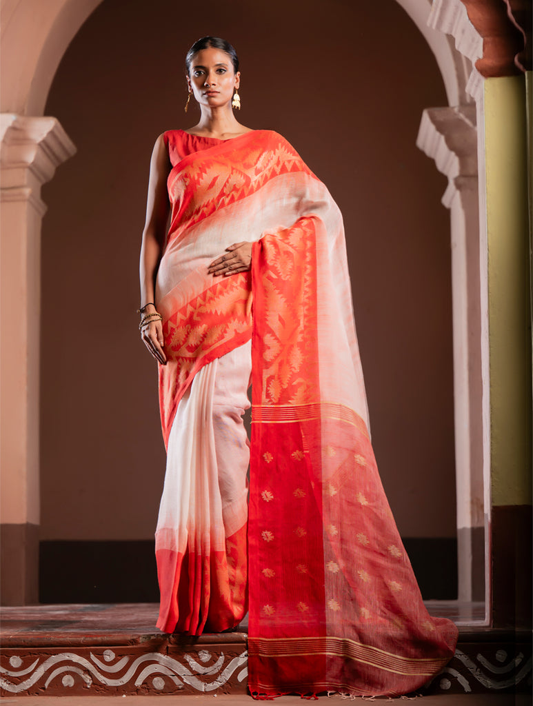 Exclusive Handwoven Bengal Linen Jamdani Saree - Vaarija