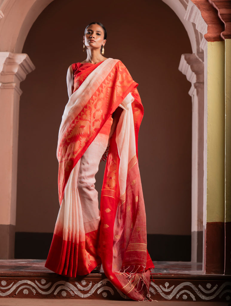 Exclusive Handwoven Bengal Linen Jamdani Saree - Vaarija
