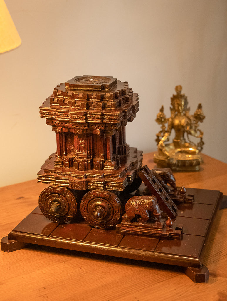 Exclusive Karnataka Wood Carving Curio - Hampi Chariot (Large, 13" x 11")