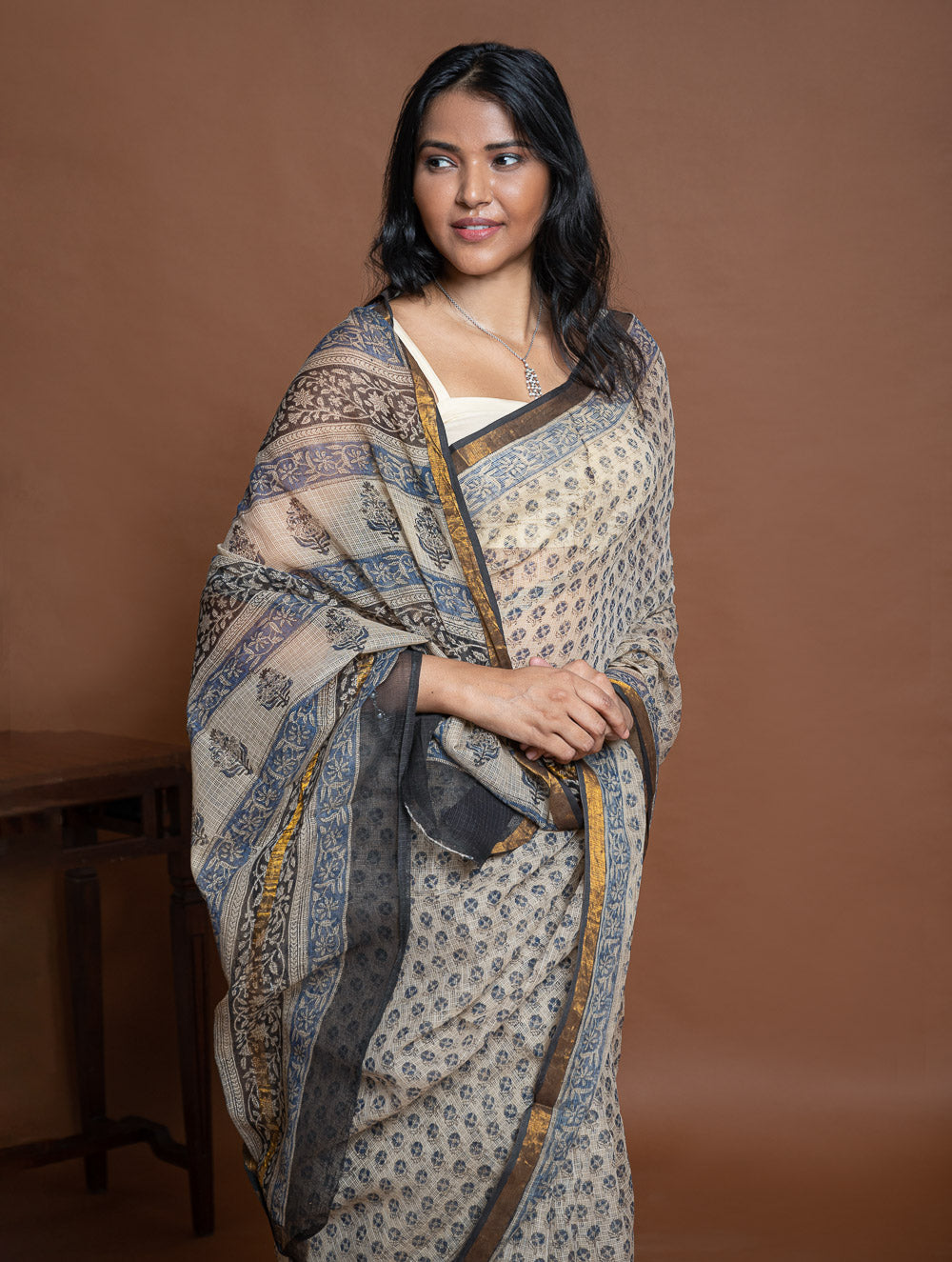 Exclusive Kota Chanderi. Bagru Hand Block Printed Saree - Beige Flora