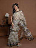 Exclusive Kota Chanderi. Bagru Hand Block Printed Saree - Beige Flora