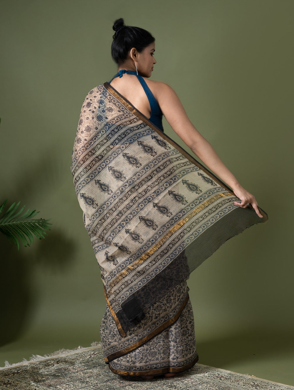 Exclusive Kota Chanderi. Bagru Hand Block Printed Saree - Beige Jaal