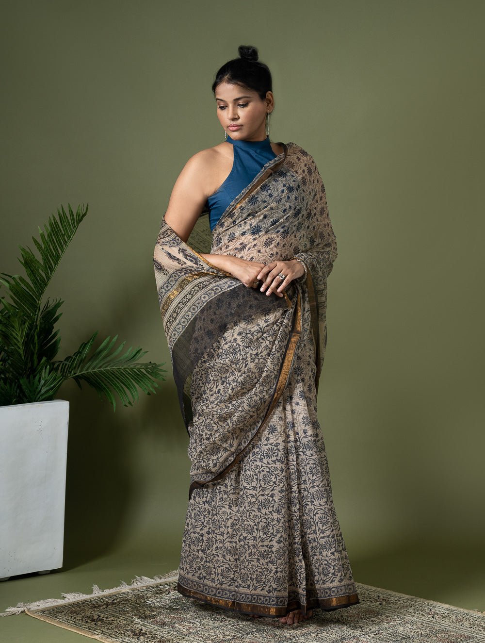 Exclusive Kota Chanderi. Bagru Hand Block Printed Saree - Beige Jaal