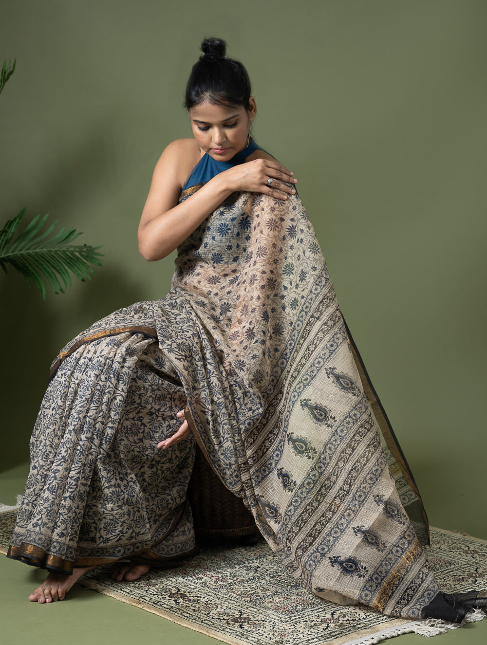 Exclusive Kota Chanderi. Bagru Hand Block Printed Saree - Beige Jaal