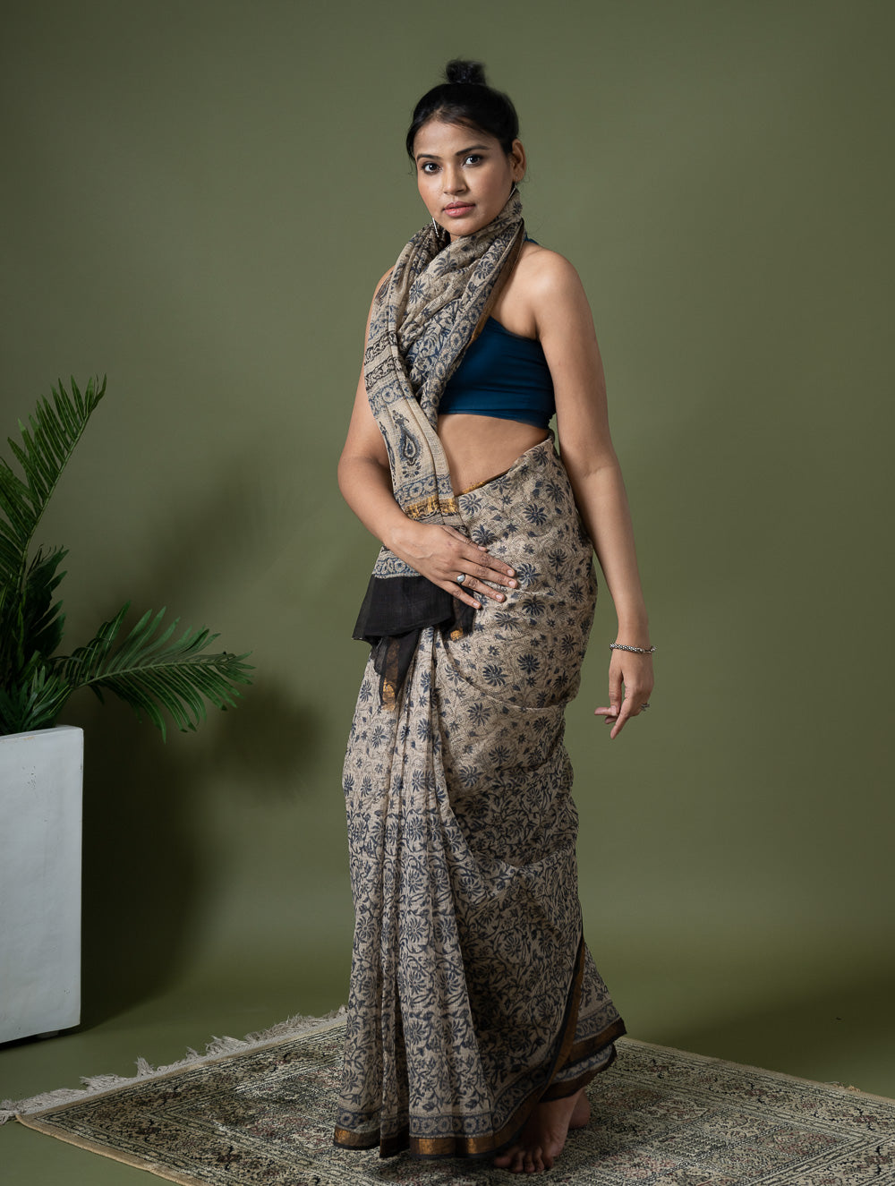 Exclusive Kota Chanderi. Bagru Hand Block Printed Saree - Beige Jaal