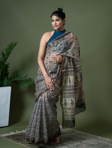 Exclusive Kota Chanderi. Bagru Hand Block Printed Saree - Beige Jaal