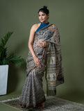 Exclusive Kota Chanderi. Bagru Hand Block Printed Saree - Beige Jaal
