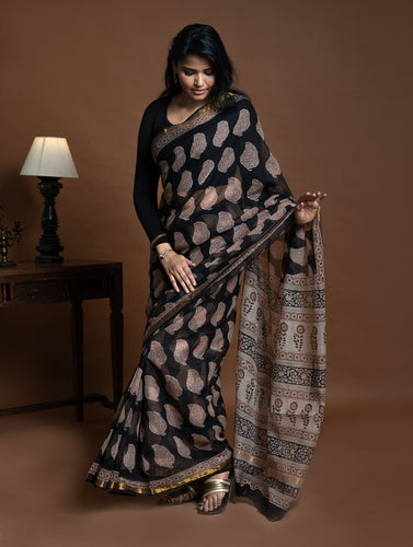 Exclusive Kota Chanderi. Bagru Hand Block Printed Saree - Black Paisley
