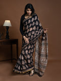 Exclusive Kota Chanderi. Bagru Hand Block Printed Saree - Black Paisley
