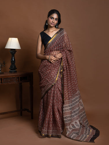 Exclusive Kota Chanderi. Bagru Hand Block Printed Saree - Red Flora