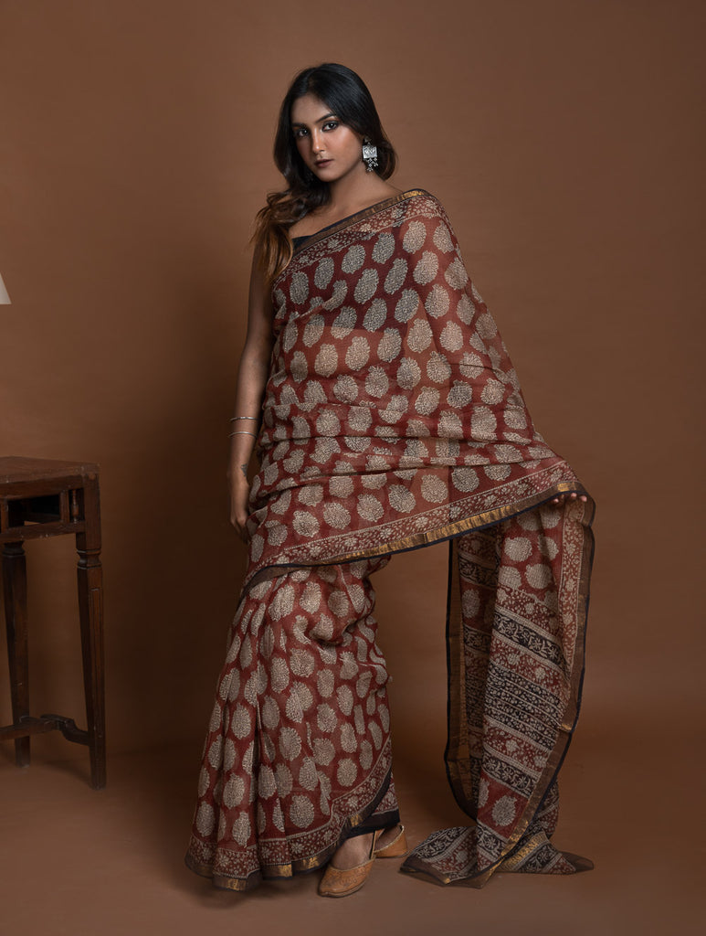 Exclusive Kota Chanderi. Bagru Hand Block Printed Saree - Red Paisley 