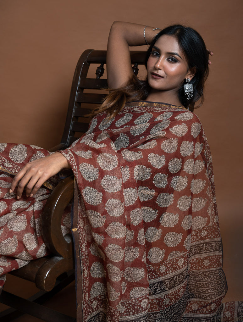 Exclusive Kota Chanderi. Bagru Hand Block Printed Saree - Red Paisley 