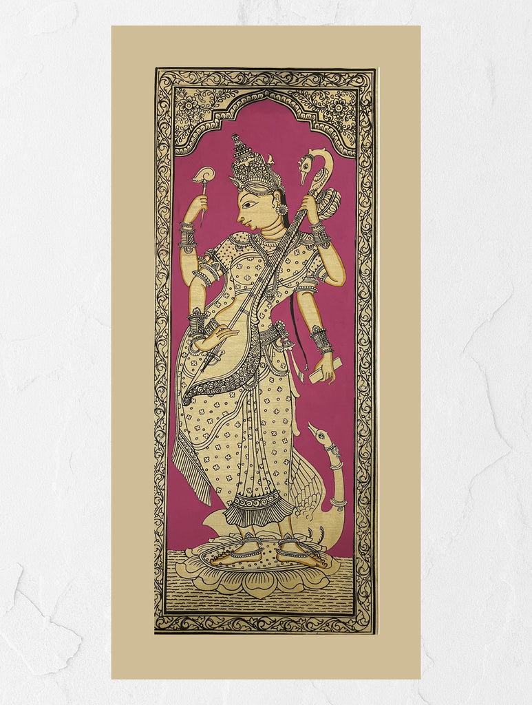 Exclusive Pattachitra Art Silk Painting - Saraswati
