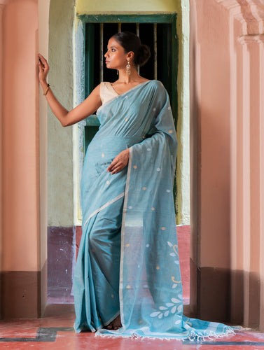 Exclusive Soft Handwoven Bengal Cotton Jamdani Saree - Blue Raga