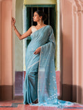Exclusive Soft Handwoven Bengal Cotton Jamdani Saree - Blue Raga