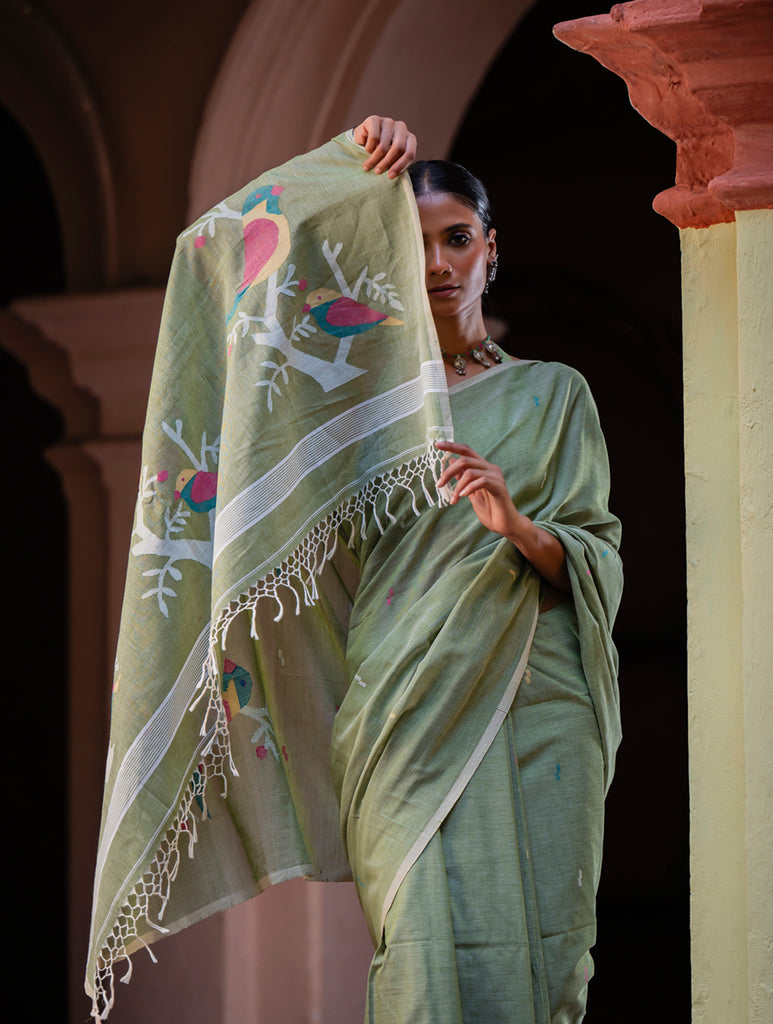 Exclusive Soft Handwoven Bengal Cotton Jamdani Saree - Celadon Veil