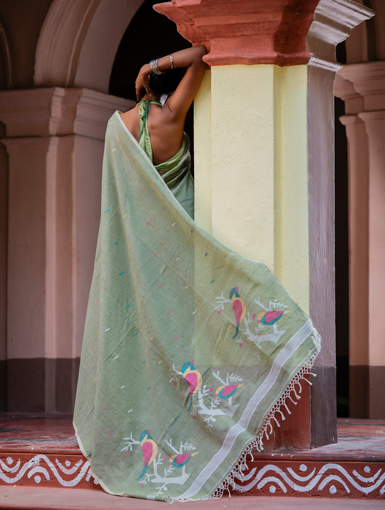 Exclusive Soft Handwoven Bengal Cotton Jamdani Saree - Celadon Veil