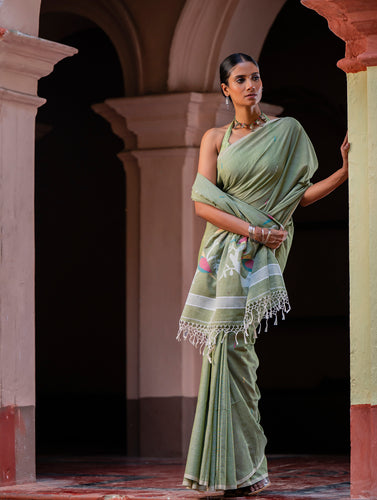 Exclusive Soft Handwoven Bengal Cotton Jamdani Saree - Celadon Veil