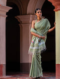 Exclusive Soft Handwoven Bengal Cotton Jamdani Saree - Celadon Veil