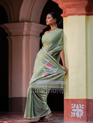 Exclusive Soft Handwoven Bengal Cotton Jamdani Saree - Celadon Veil