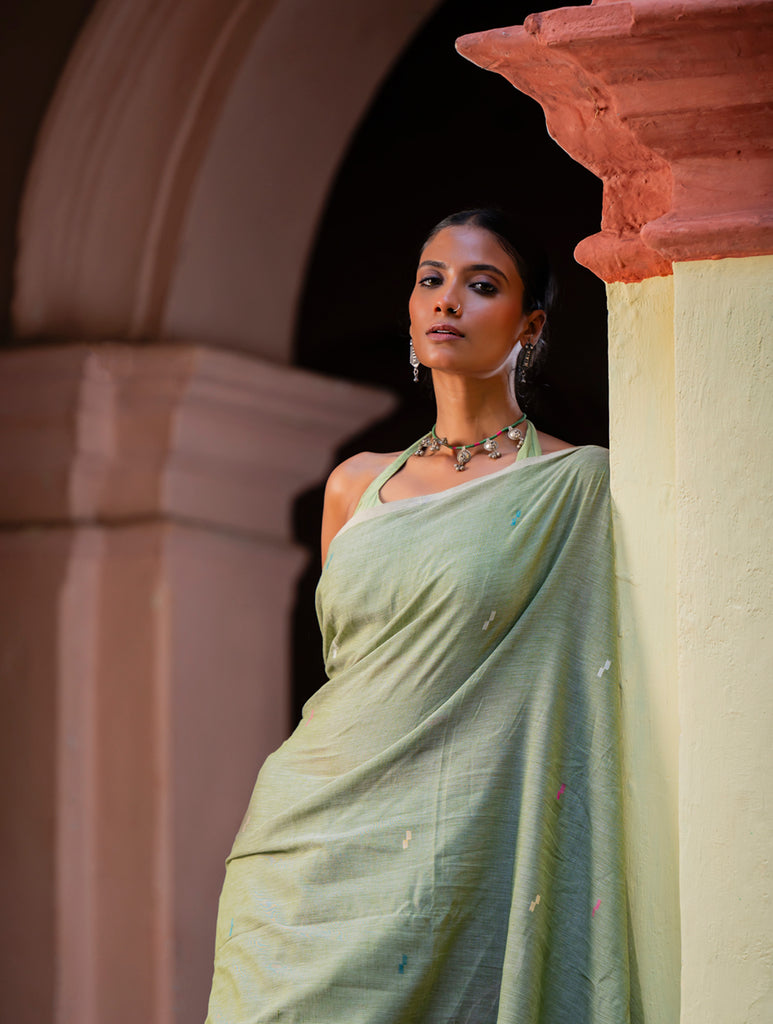 Exclusive Soft Handwoven Bengal Cotton Jamdani Saree - Celadon Veil