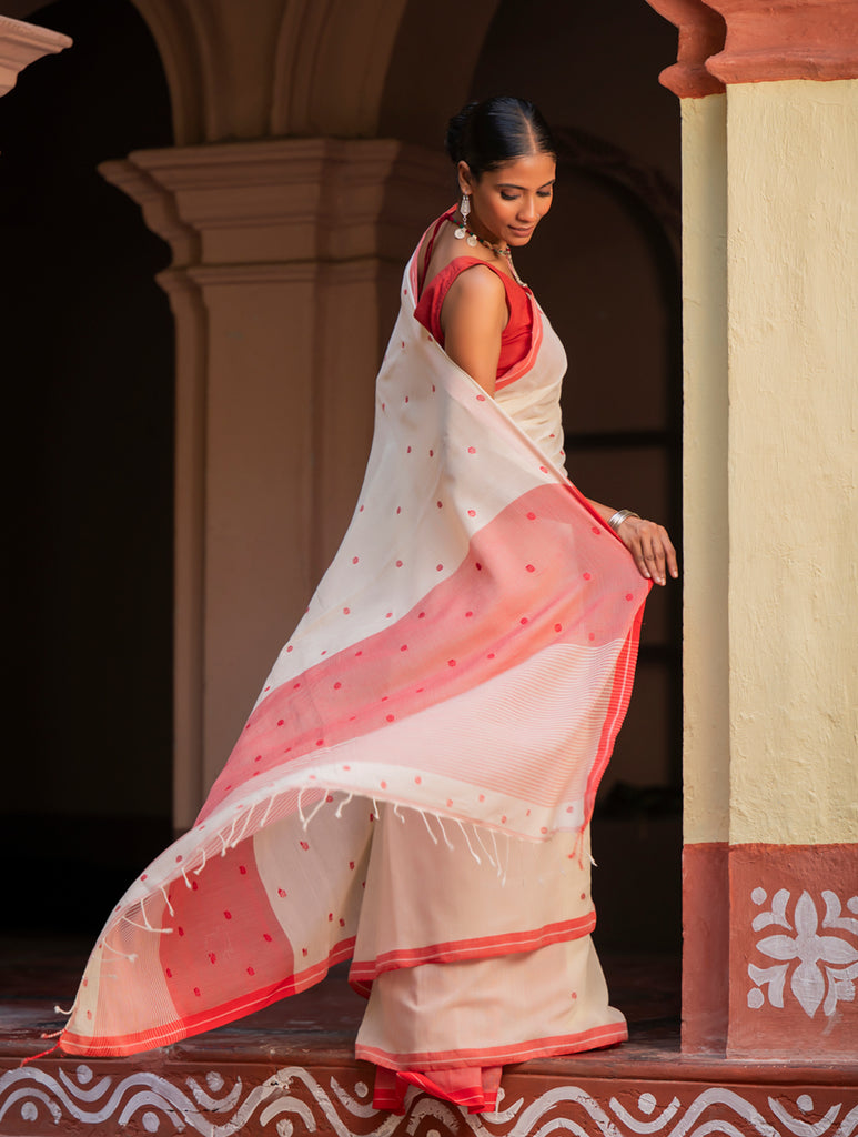 Exclusive Soft Handwoven Bengal Cotton Jamdani Saree - Classic Dots