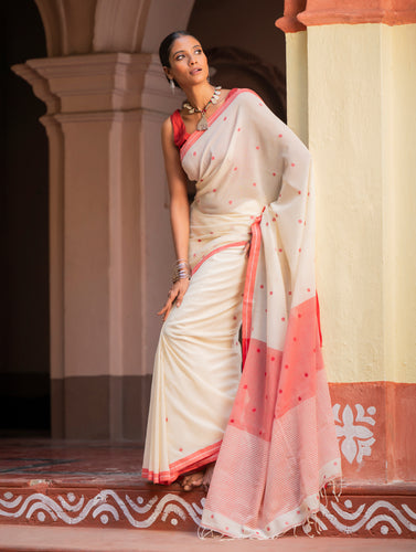 Exclusive Soft Handwoven Bengal Cotton Jamdani Saree - Classic Dots