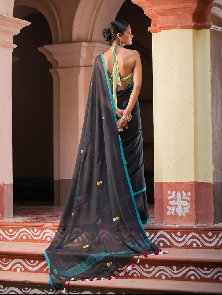 Exclusive Soft Handwoven Bengal Cotton Jamdani Saree - Midnight Pixel