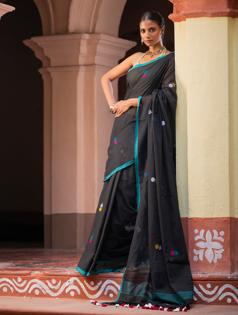 Exclusive Soft Handwoven Bengal Cotton Jamdani Saree - Midnight Pixel