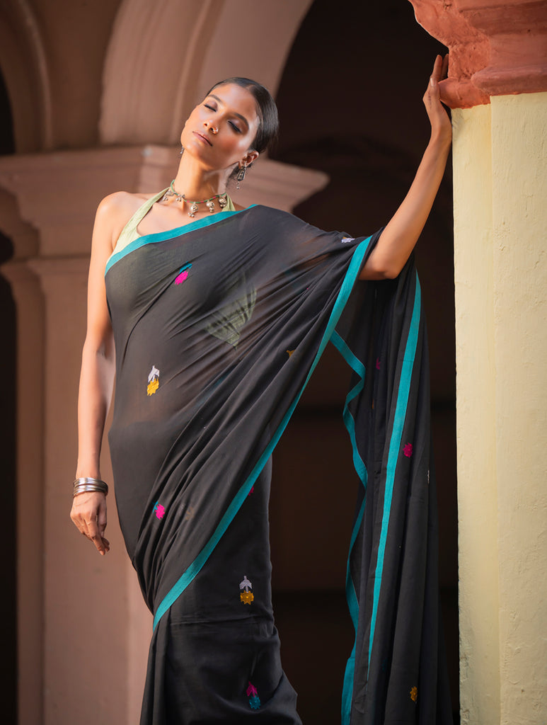 Exclusive Soft Handwoven Bengal Cotton Jamdani Saree - Midnight Pixel