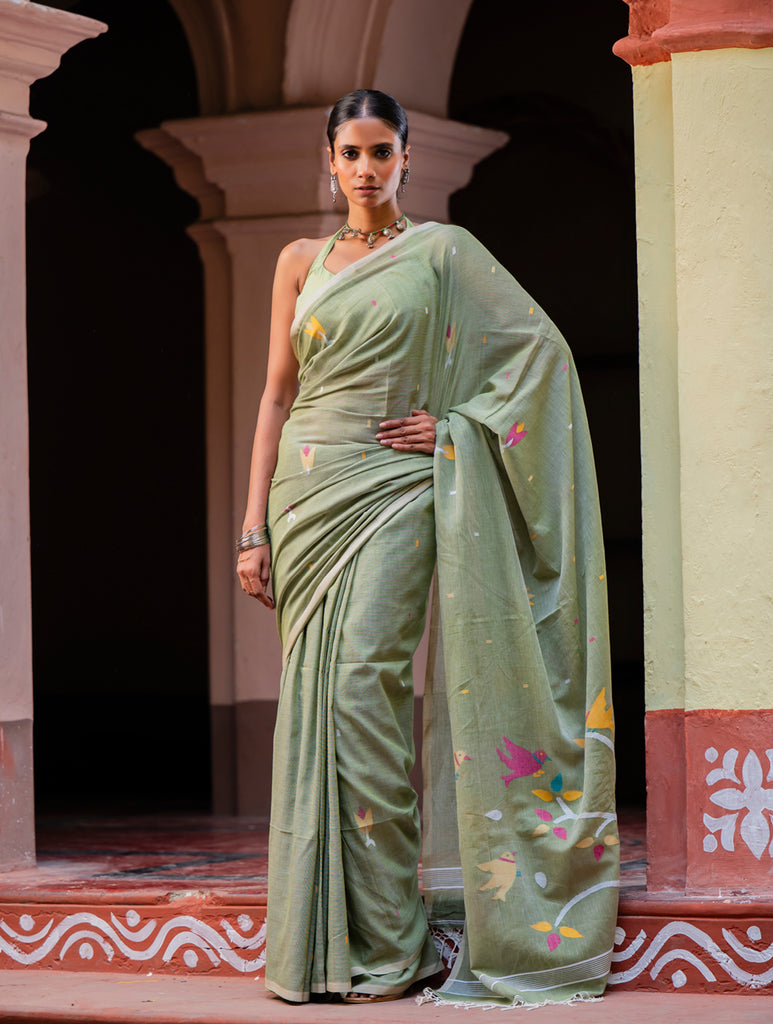 Exclusive Soft Handwoven Bengal Cotton Jamdani Saree - Pakher Bhor