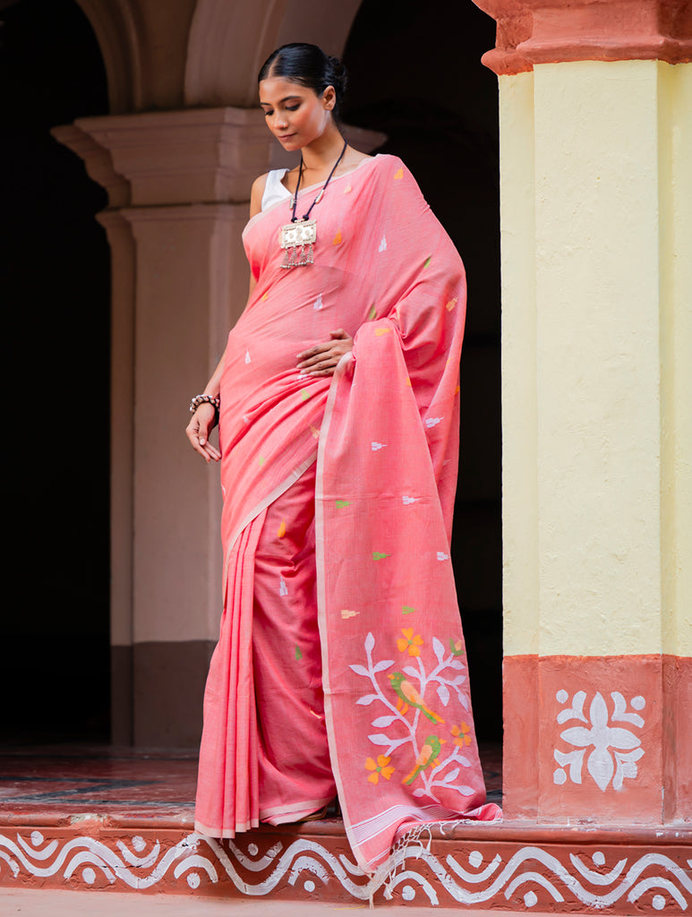 Exclusive Soft Handwoven Bengal Cotton Jamdani Saree - Pakhipath