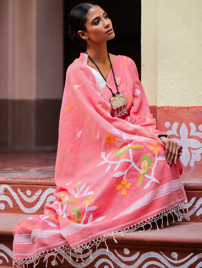 Exclusive Soft Handwoven Bengal Cotton Jamdani Saree - Pakhipath